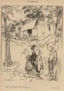 第一次世界大戦の版画。兵士の父親の代わりを象徴的に務める子供。