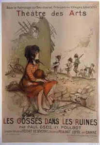 演劇のポスター。戦後の廃墟で遊ぶ子供たち。（1920年）
