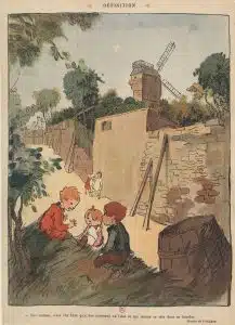 1910年の風刺的報道の切り抜き。プールボによるユーモラスなイラスト。