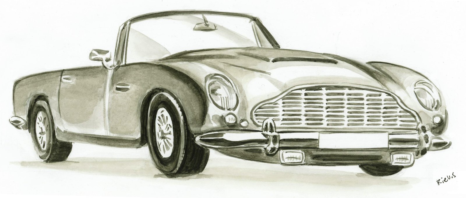 アストンマーティン DB5 の水彩画、セバスチャン・リューによるオリジナル作品
