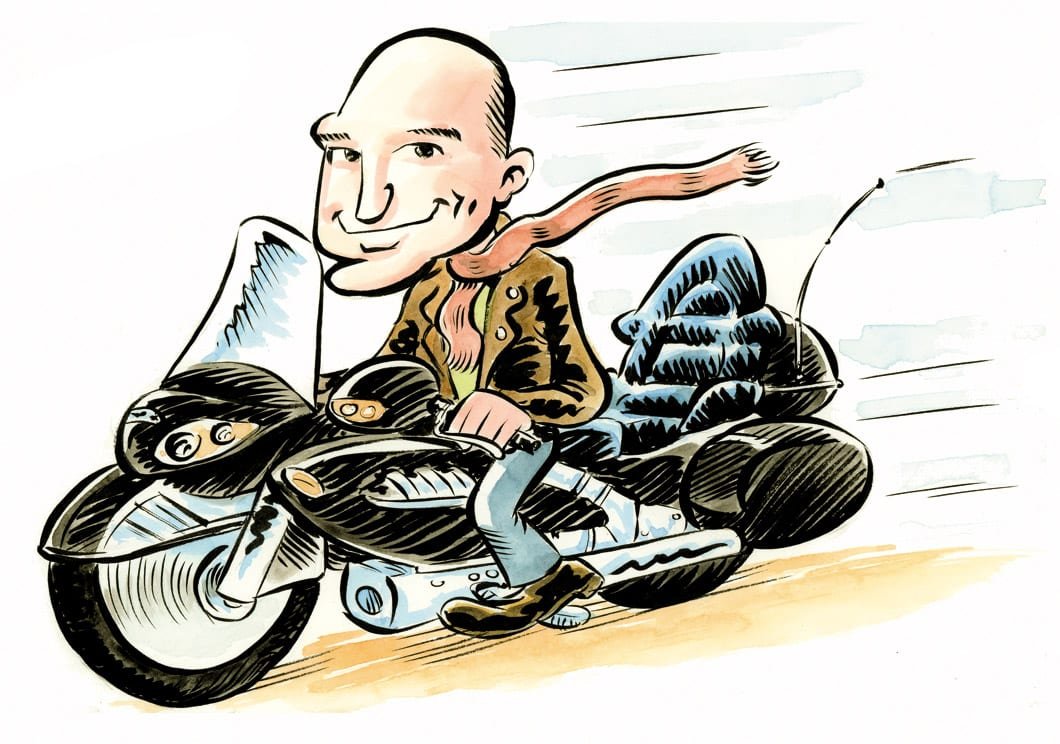 カスタムバイクにまたがるライダーの似顔絵