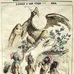 鷲と雄鶏たち(L'Aigle et les Coqs)。動物の姿を用いて政治的・社会的状況を評した風刺画。