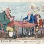 演劇のペガサスに乗る若きロシウスとドン・ジョン（1809年）。セレブリティ現象と子役ウィリアム・ベティへの過度な熱狂に対する風刺。