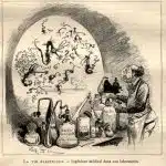 Ingénieur médical dans son laboratoire (1890). Illustration tirée du roman futuriste de Robida, Le Vingtième siècle. La vie électrique.