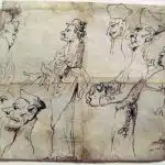 聖職者と司祭の風刺画。モーラが聖職者の顔を歪めて楽しんでいるペン画。