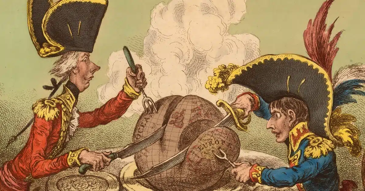 ギルレイ作『危険にさらされたプラム・プディング』（1805年）。ナポレオンとイギリス首相が世界を切り分けています。