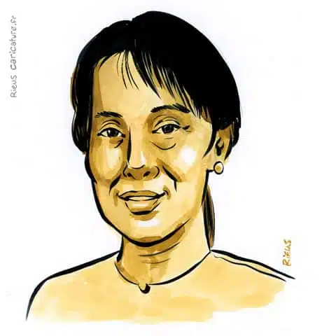 セピア水彩肖像画： Aung San Suu Kyi — Chef de l'opposition — 1945– · セバスチャン・リュー