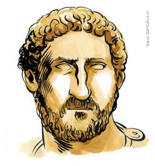 セピア水彩肖像画： Hadrien — Empereur — 76–138 · セバスチャン・リュー