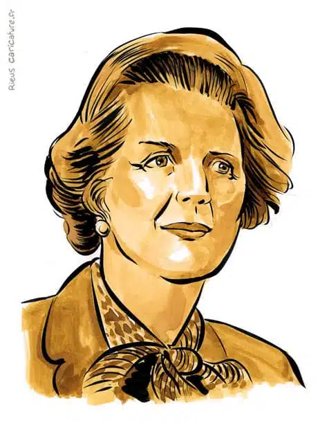 セピア水彩肖像画： マーガレット・サッチャー — Première ministre — 1925–2013 · セバスチャン・リュー