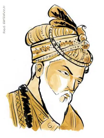 セピア水彩肖像画： Aurangzeb — Empereur moghol — 1618–1707 · セバスチャン・リュー