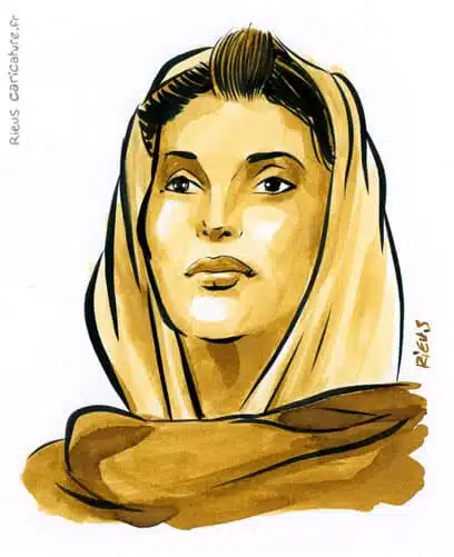 セピア水彩肖像画： Benazir Bhutto — Première ministre — 1953–2007 · セバスチャン・リュー