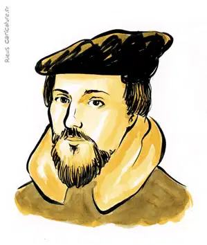 セピア水彩肖像画： ジャン・カルヴァン — 宗教改革者 — 1509–1564年 · セバスチャン・リュー