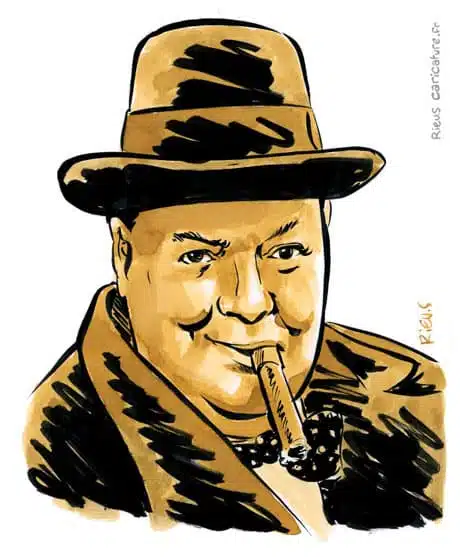 セピア水彩肖像画： ウィンストン・チャーチル — Premier ministre — 1874–1965 · セバスチャン・リュー