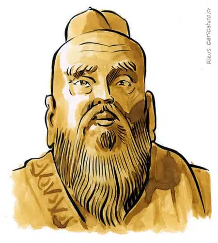 セピア水彩肖像画： Confucius — Philosophe — 551–479 av. J.-C. · セバスチャン・リュー