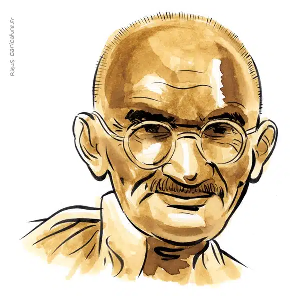 セピア水彩肖像画： Mahatma Gandhi — Père de la nation — 1869–1948 · セバスチャン・リュー