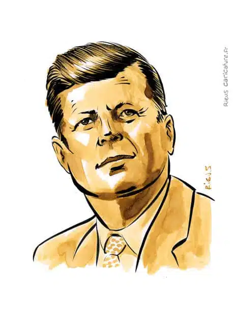 セピア水彩肖像画： John F. Kennedy — 35e Président — 1917–1963 · セバスチャン・リュー