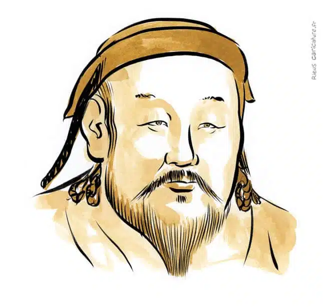 セピア水彩肖像画： Kubilai Khan — Fondateur dyn. Yuan — 1215–1294 · セバスチャン・リュー