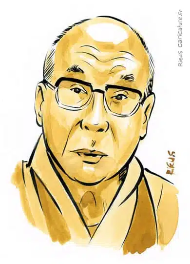 セピア水彩肖像画： Dalaï Lama — Chef spirituel — 1935– · セバスチャン・リュー
