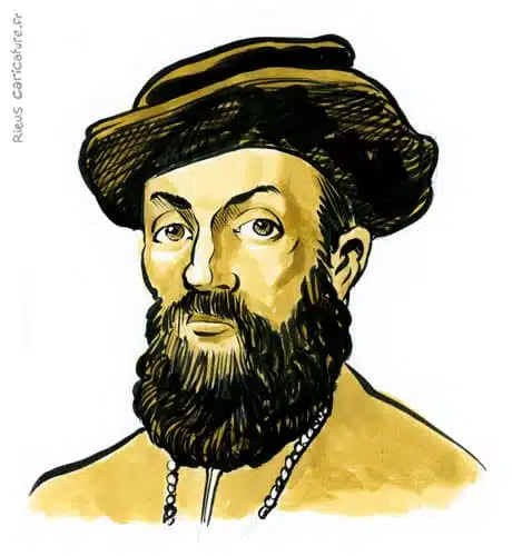 セピア水彩肖像画： Magellan — Navigateur — 1480–1521 · セバスチャン・リュー