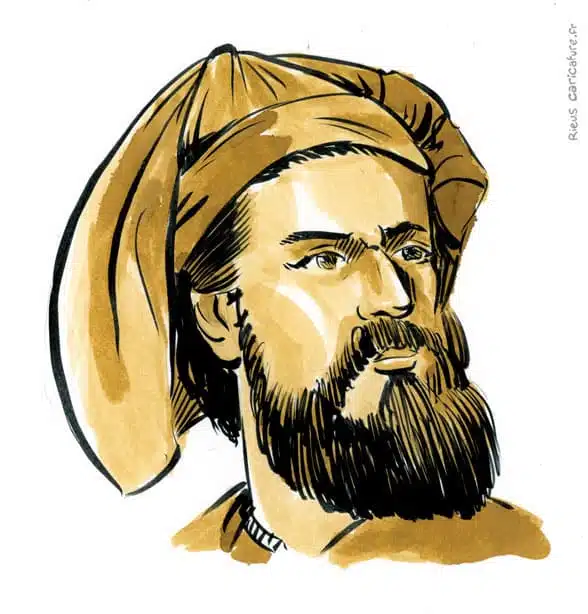 セピア水彩肖像画： Marco Polo — Explorateur — 1254–1324 · セバスチャン・リュー