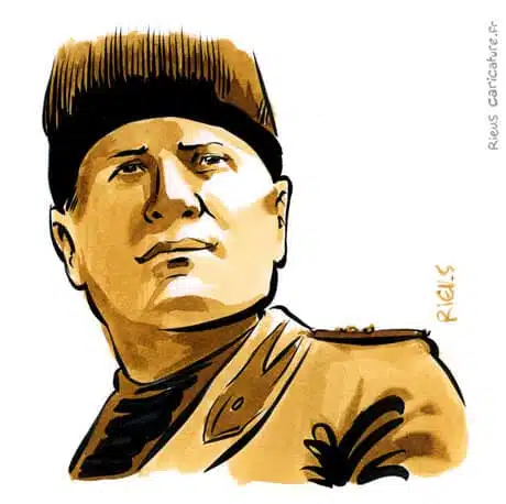 セピア水彩肖像画： Benito Mussolini — Dictateur — 1883–1945 · セバスチャン・リュー