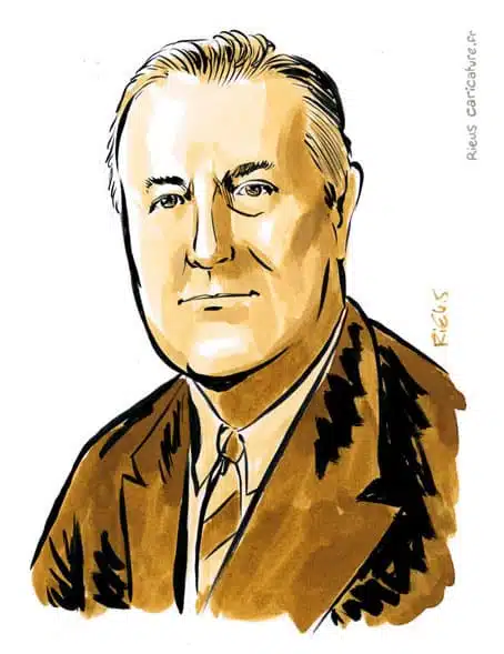 セピア水彩肖像画： Franklin Roosevelt — 32e Président — 1882–1945 · セバスチャン・リュー