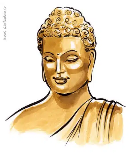 セピア水彩肖像画： Siddhartha Gautama — Bouddha — ~563–483 av. J.-C. · セバスチャン・リュー